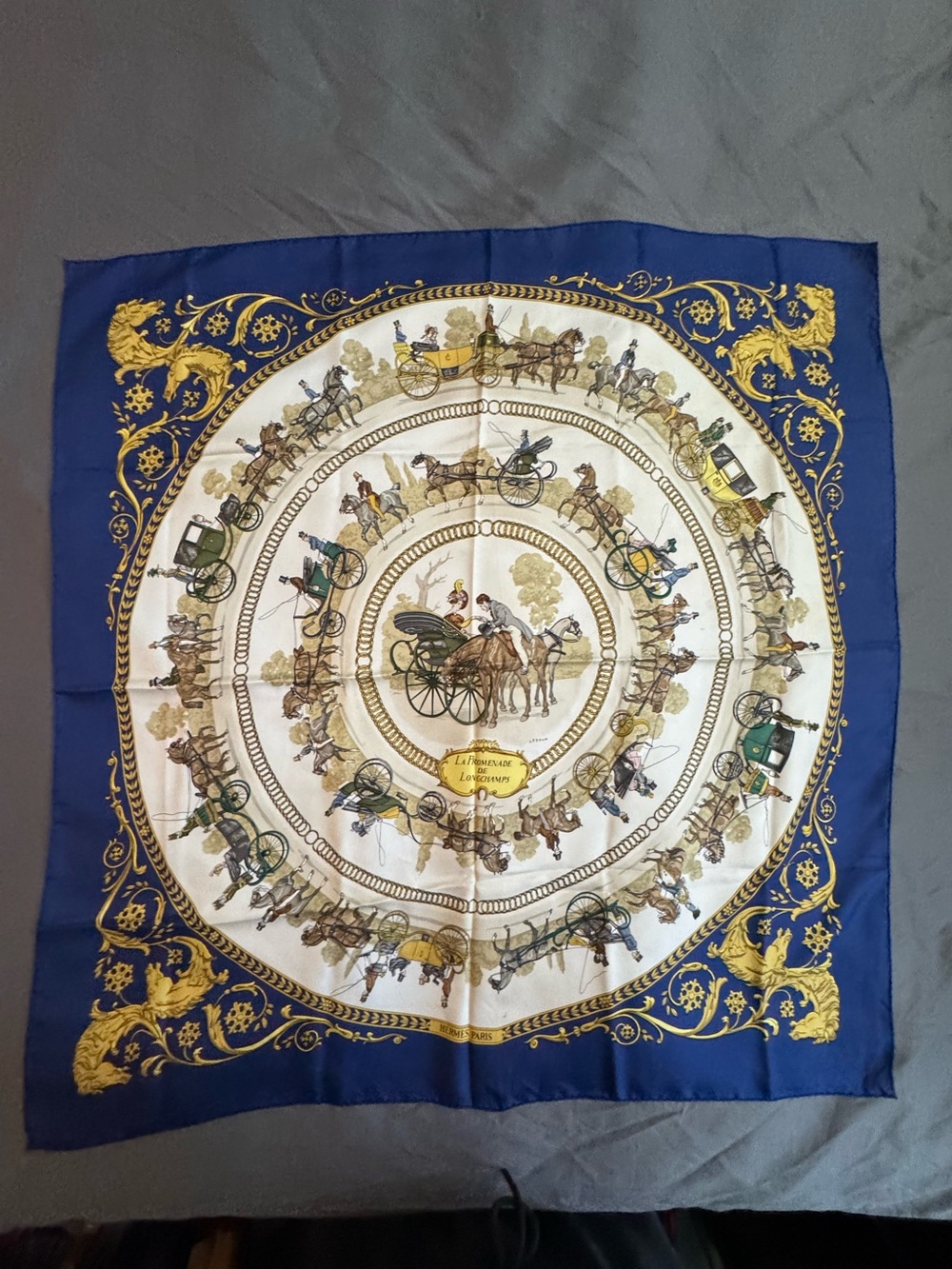 Hermes Silk Scarf 100% Authentic Horse Coach Circle 90cm “Longchamps” Print Blue - Picture 1 of 10